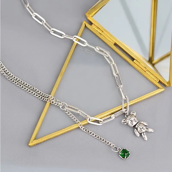 New - Anthropologie Patina Silver Cute Bear Love Peace Heart Necklace - Picture 7 of 15